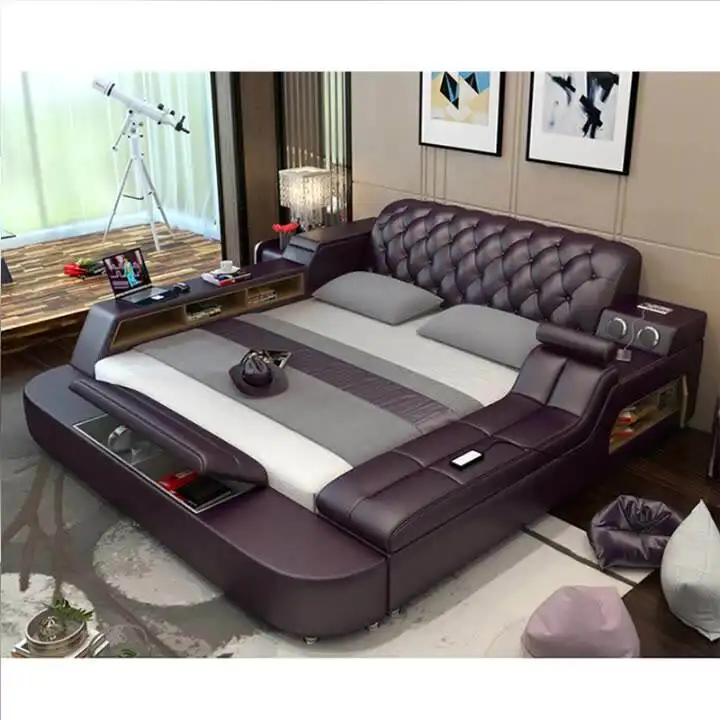 الحديثة البني غرفة نوم الأثاث والجلود السرير مع مكبر صوت USB شاحن أريكة تدليك أطقم سرير يصل holstered سرير