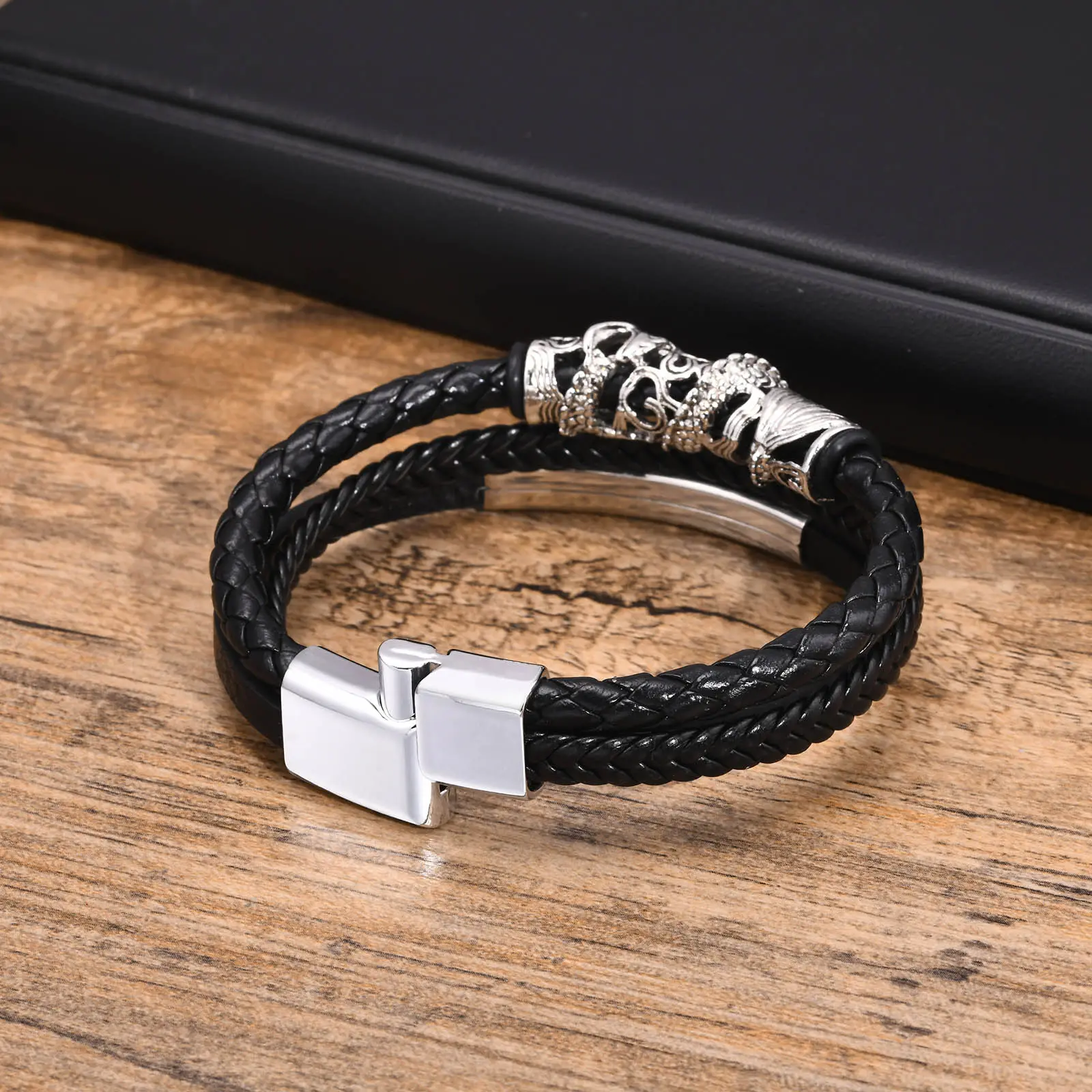 Pulseiras masculinas de couro trançado multicamadas gothic joia