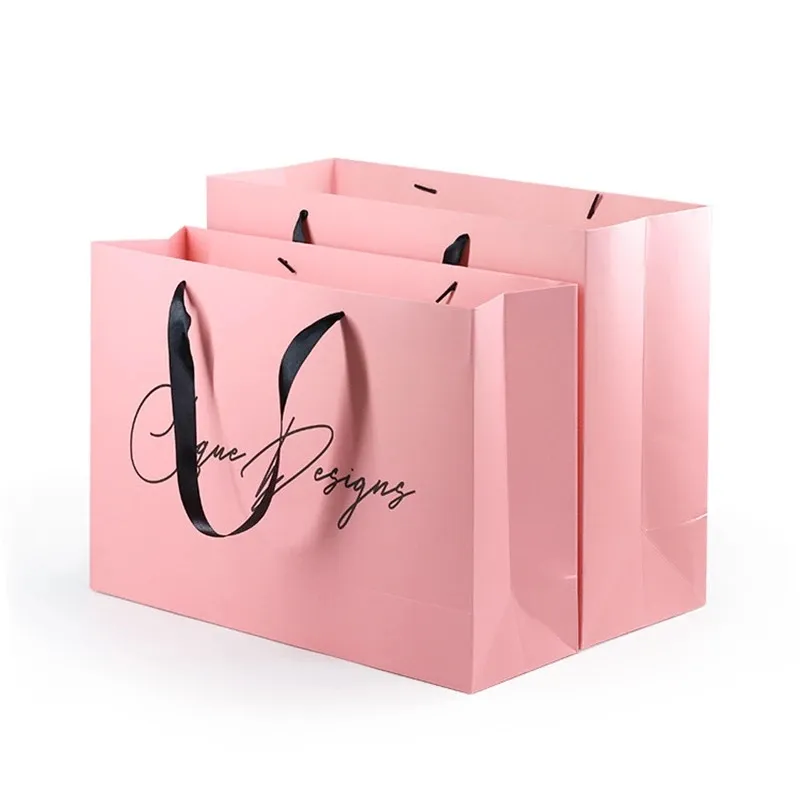 맞춤형 럭셔리 브랜드 부티크 선물 포장 맞춤형 소형 핑크 보석 종이 가방 로고