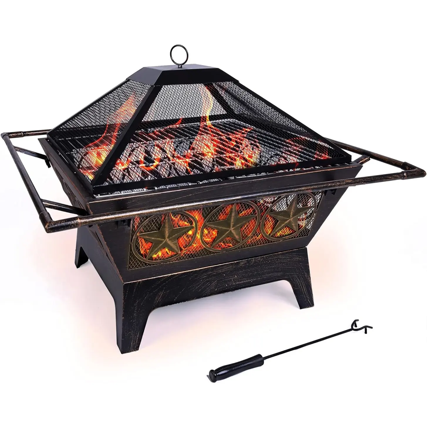 Fogueira de metal para jardim com design de estrela de 32 polegadas, fogueira de madeira para uso ao ar livre com churrasqueira dobrável