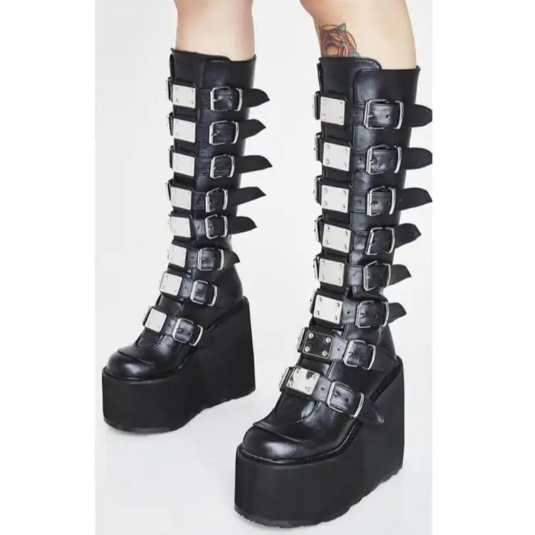Womens Chunky Platform Knee High Boots High Heel Round-Toe Zip Punk Goth Mid Calf Combat Boots For Women