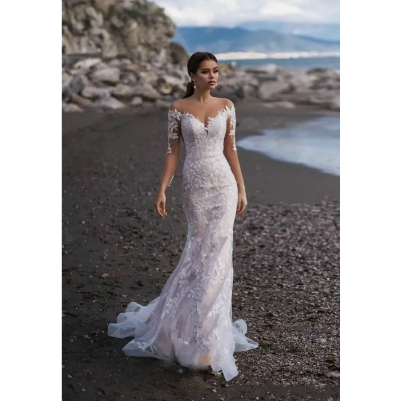 Illusione Maniche Lunghe In Pizzo Abito Da Sposa Mermaid Pulsante Posteriore Coperto Da Sposa Abiti Da Sposa Da Sposa