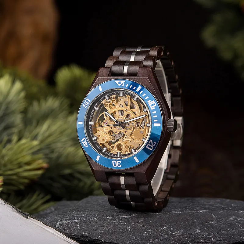 BOBO BIRD Wood Mechanical Watch Men Top Leather Automatic Clock Sandalwood Luminous Wristwatch Male Christmas Present Waterproof