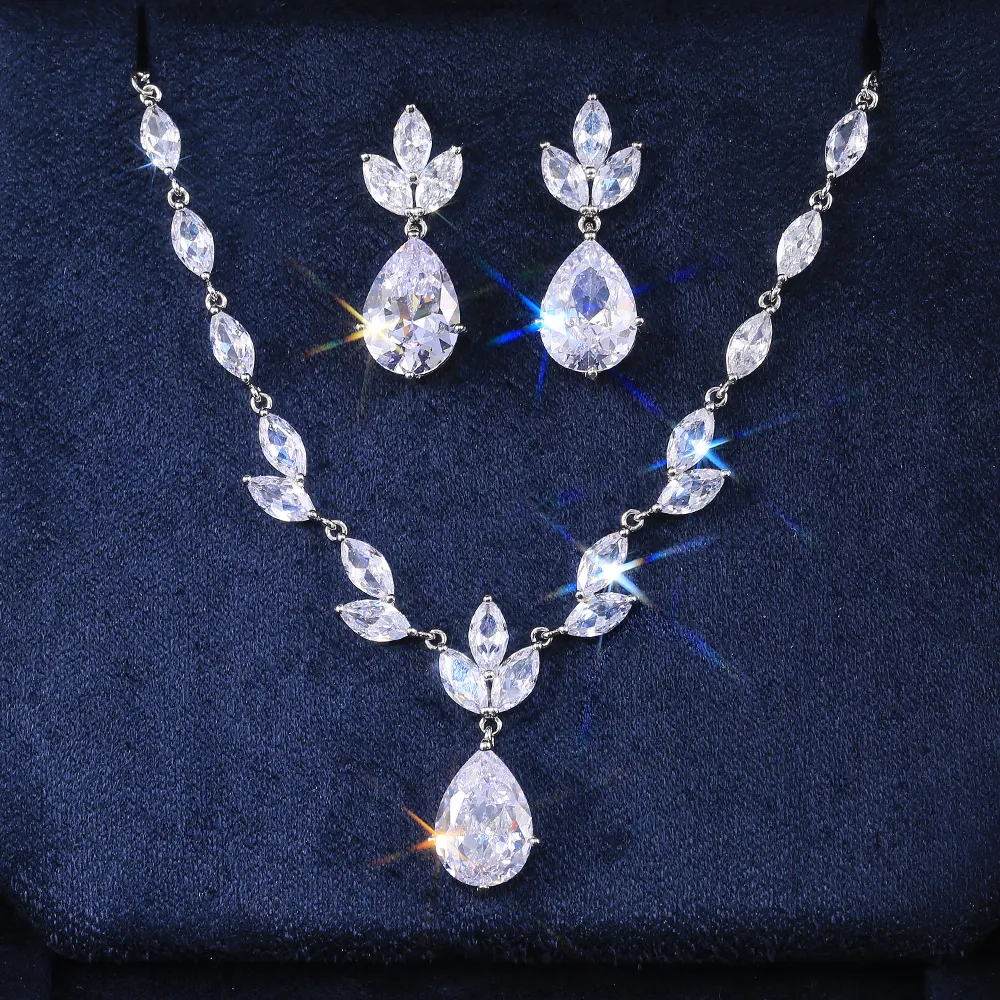 Caoshi conjuntos de joias, conjuntos de joias de alta qualidade com folhas e gotas de água, prata, zircônia, ouro rosa, noivado, casamento, noivado para mulheres