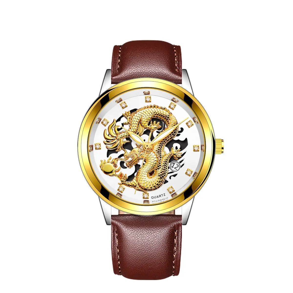 Y110 Calendario de dragón chino estilo de negocios oro redondo PU correa de cuero relojes de cuarzo para hombres