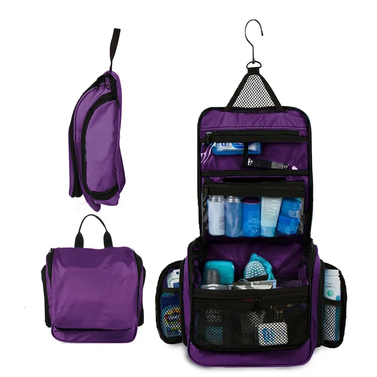 Trousse de toilette pliante pour hommes et femmes, trousse de toilette de voyage suspendue de couleur violette