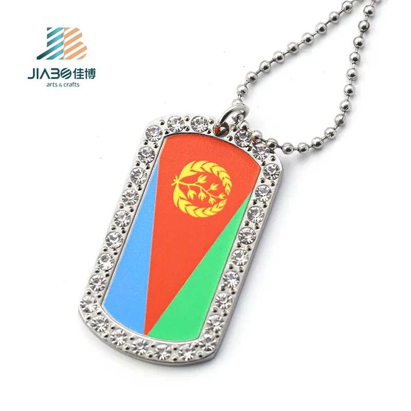 Fabricante Custom Metal Zinc Alloy Prata Impressão Nome Dog Tag Cadeia Eritreia Bandeira Colar Com Zircônia Diamante