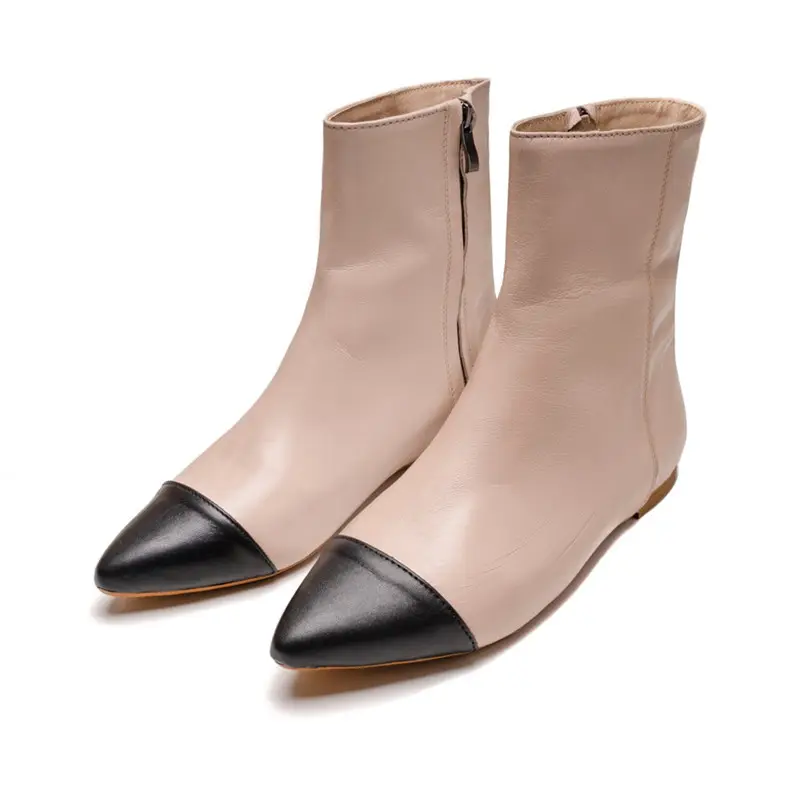 Botines de piel de grano de alta calidad para mujer, zapatos de dos colores, botas puntiagudas