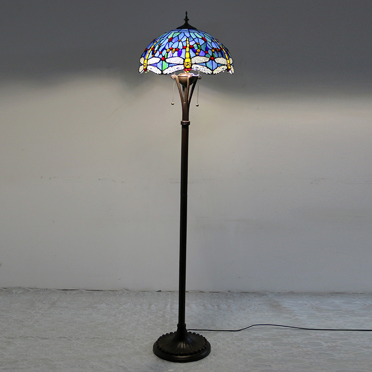LongHuiJing Dragonfly Tiffany Styled Floor Lamp 16 inch Wide 2-Light Double Chains Stained Glass Shade Antique Base Decor Lights