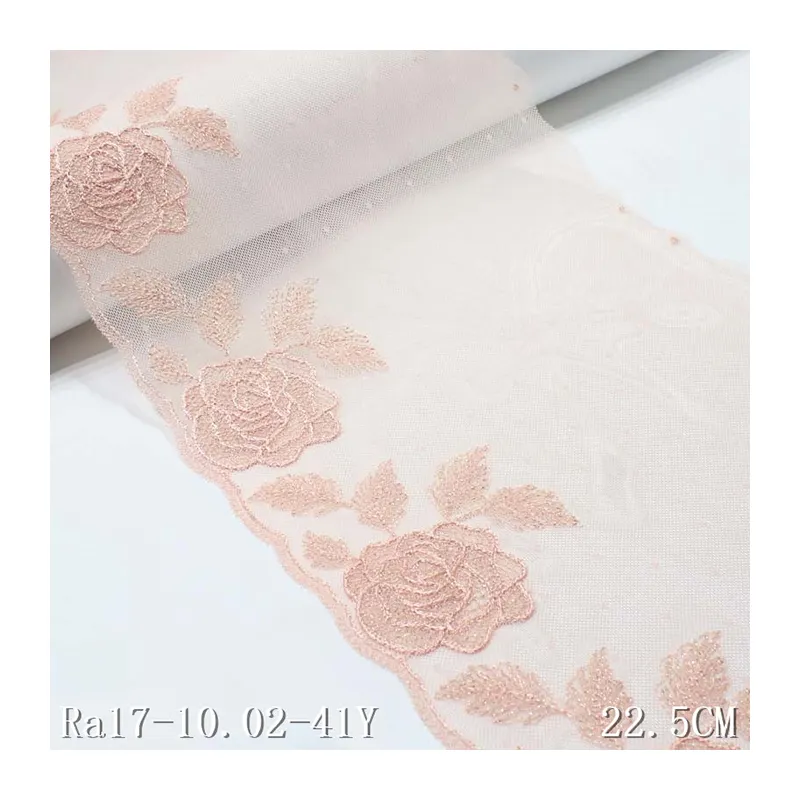 Tela de encaje bordado de malla para vestido de mujer, 22cm, elegante, rosa, dorado