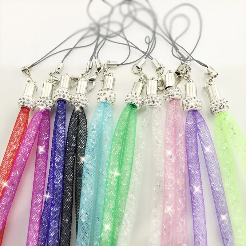 Venta caliente Bling Glitter Diamond Crystal Nylon Cordón de teléfono celular para accesorios de teléfono móvil Correas de cuello de cuerda colgantes largas