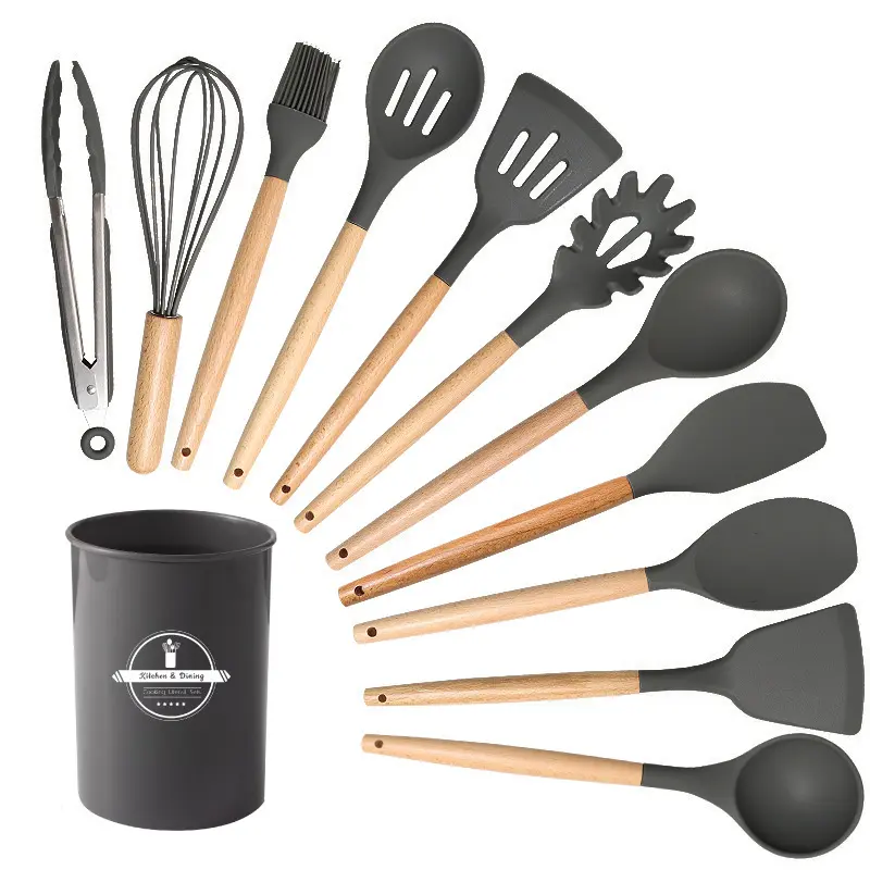 Silikon mutfak eşyaları set 12-piece kaşık kombinasyonu set depolama raf pişirme kapları Set