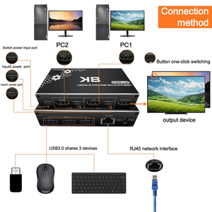 Conmutador KVM 8K HDMI 2 en 1 salida 2x1 conmutador USB 3,0 conmutador KVM compatible con RJ45 Ethernet 8K @ 30Hz, 4K para teclado de monitor de ordenador