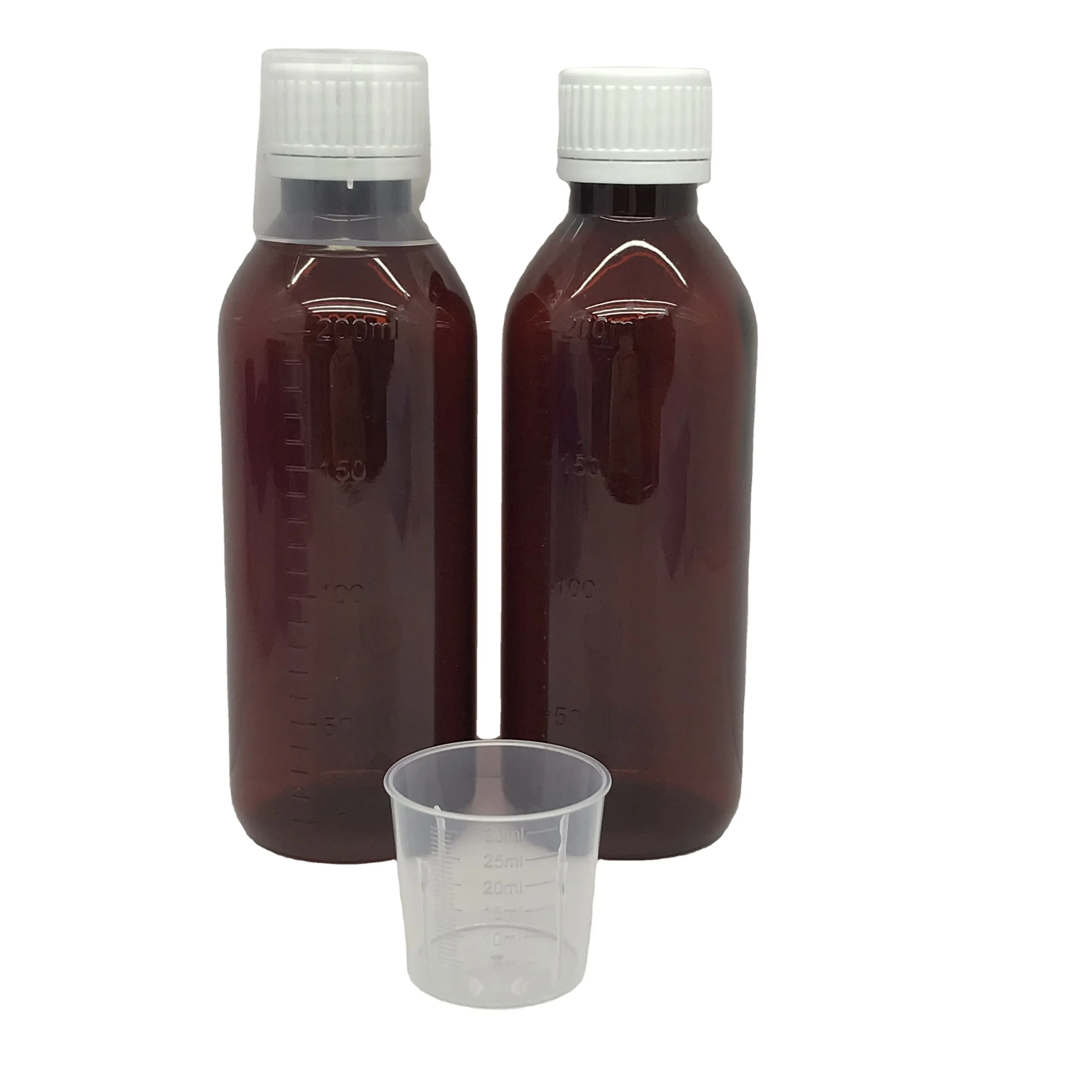 PET amber container cough syrup bottle medicine liquid plastic bottle with syrup measuring medicine cup