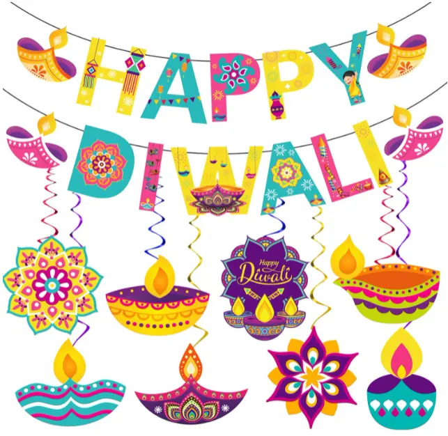 Decorazioni Diwali Happy Diwali Rangoli Diya banner a tema Hanging Swirls Kit per casa indù Diwali decorazioni da appendere per la casa