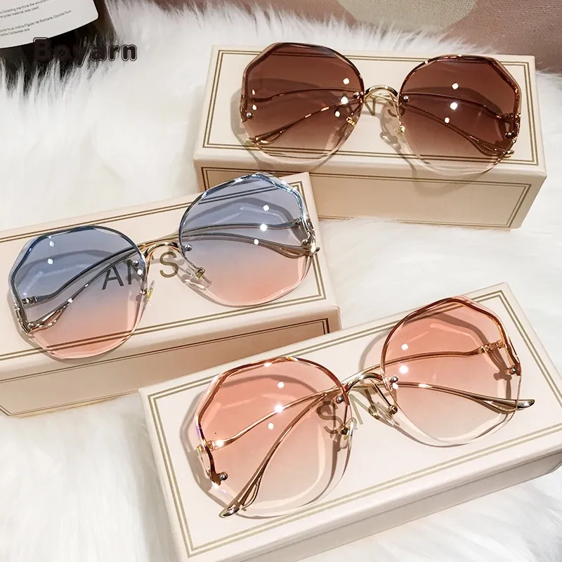 Boyarn Rimless Net Red Sunglasses Female Ins Transparent Ocean Gradient Tea Pink Sunglasses 2022 New Trend Shades