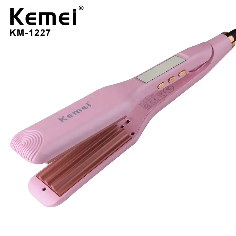 Kemei Km-1227 LCD Panel Heating Fast Temperature Display W Wave Shape Design 3 In 1 Iron Hair Straighten Curler