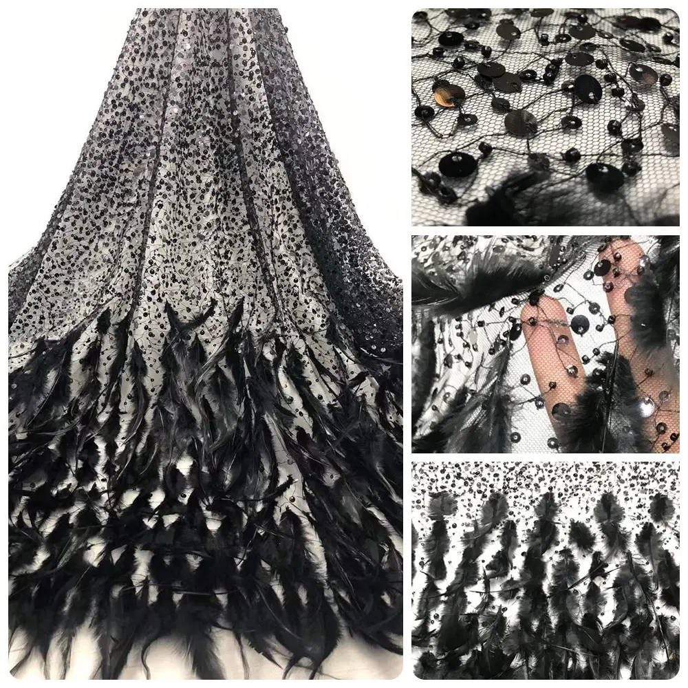 Black Swan Pena fundo casamento vestido 3d flowra enice cauda paillettes nigeria tecido laço para o vestido de festa