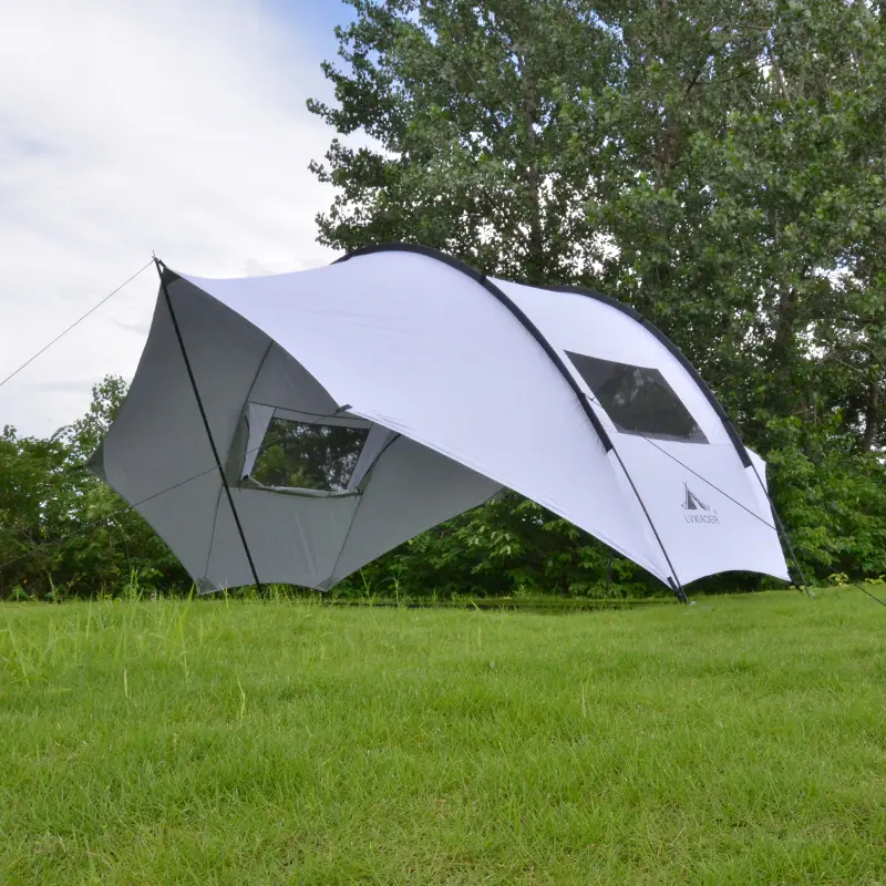 Toldo de cáscara de huevo plateado de gran espacio para acampar al aire libre Construcción simple con lona de protección solar de corteza cuantitativa transparente