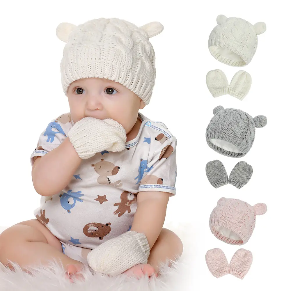 Newborn Winter Beanie Hats Gloves Set Infant Toddler Warm Knitted Hats Gloves Baby Winter Warm Knit Hats