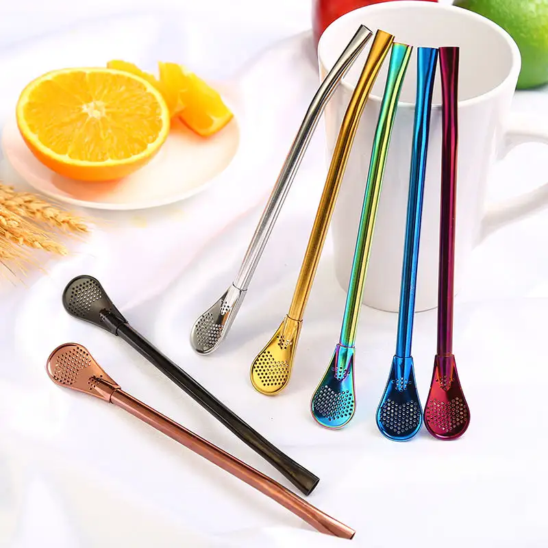 Drinking Straw with Filter Straw Spoon Valentine Food Grade Colorful Yerba Metal Stainless Steel 1 Piece Laser 10 Pcs