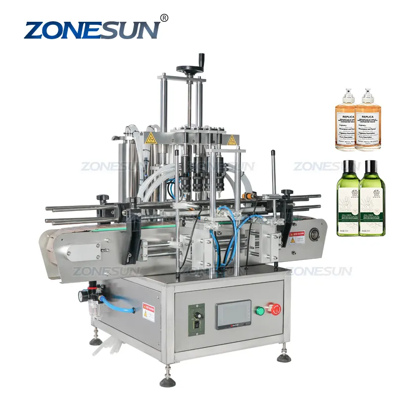 ZONESUN-máquina de llenado de fragancias para botellas pequeñas, máquina automática de vacío de 4 cabezales para Perfume, gotas para ojos, cosméticos y bebidas