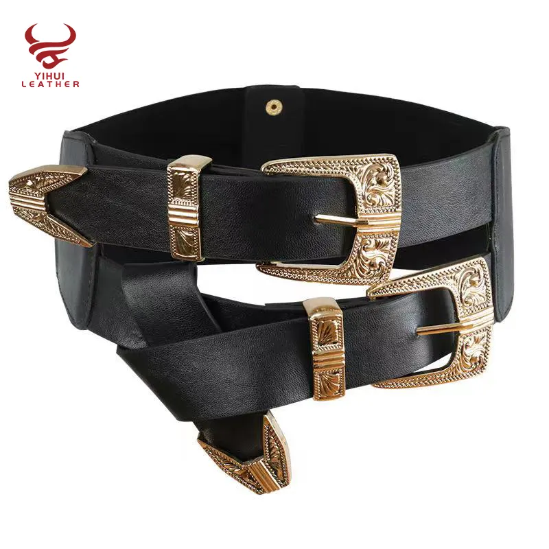 Ceinture élastique polyvalent en cuir pu, à double rangée, ceinture en métal noir, vintage, nouvelle collection