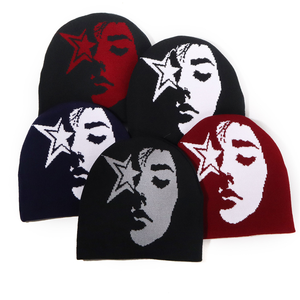 Custom Winter Jacquard Beanie Hats Animated Pattern Style Star Human Face Knitted Cuffed <strong>Toque</strong> with Plaid Character <strong>Image</strong> Style