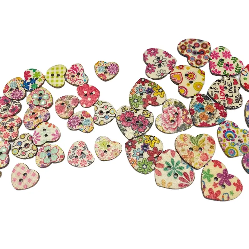Offre Spéciale vintage 2 trous flatback floral imprimé artisanat boutons en bois en forme de coeur