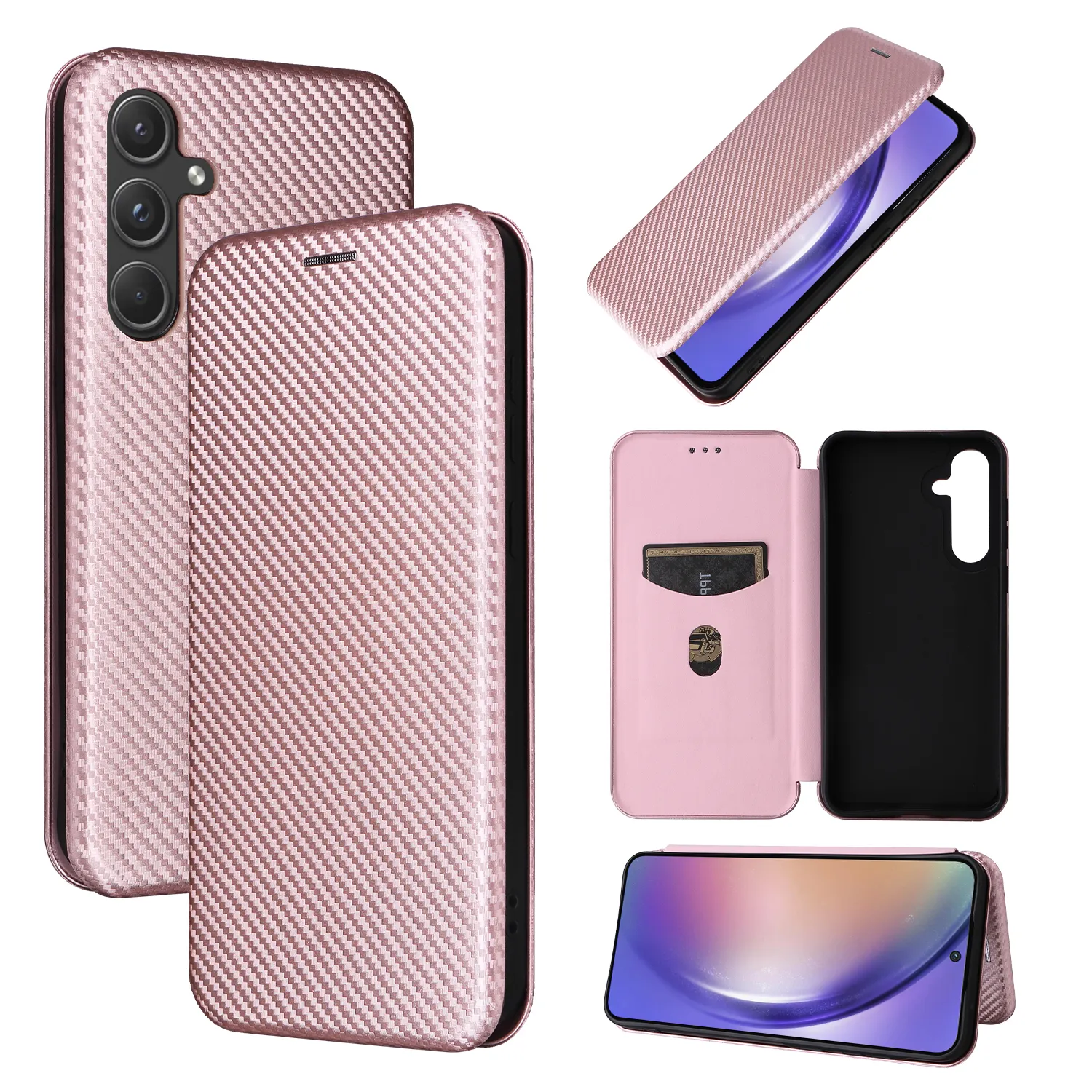 Capa de celular com tampa magnética para Samsung Galaxy A55 5G, produto de nova tendência com desenho em fibra de carbono, com slot para cartão