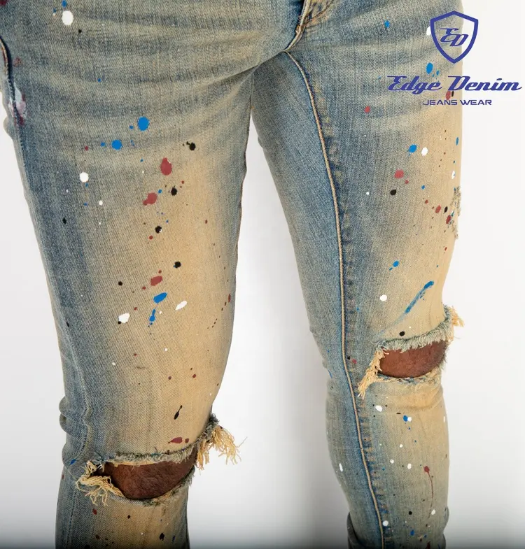 Bord Denim personnalisé Skinny Jeans pantalon déchiré en détresse Western Vintage bleu peinture Splash éclaboussures Denim Jeans Chine usine