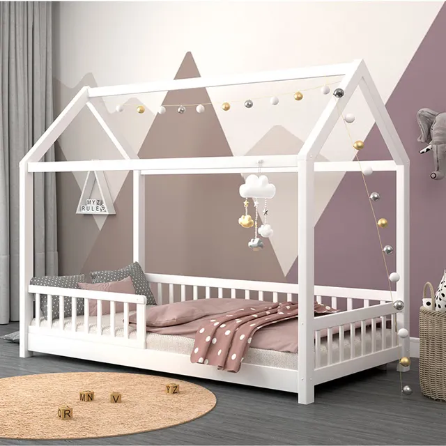 Cama de madera maciza para niños y niñas, cama individual y colchón