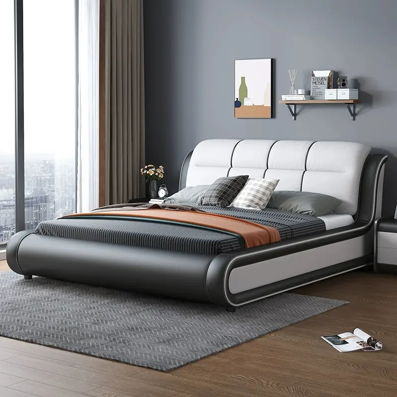 Современный стиль двуспальная кровать отель королева кожаная деревянная мягкая кровать дизайн экологически чистая прочная кровать