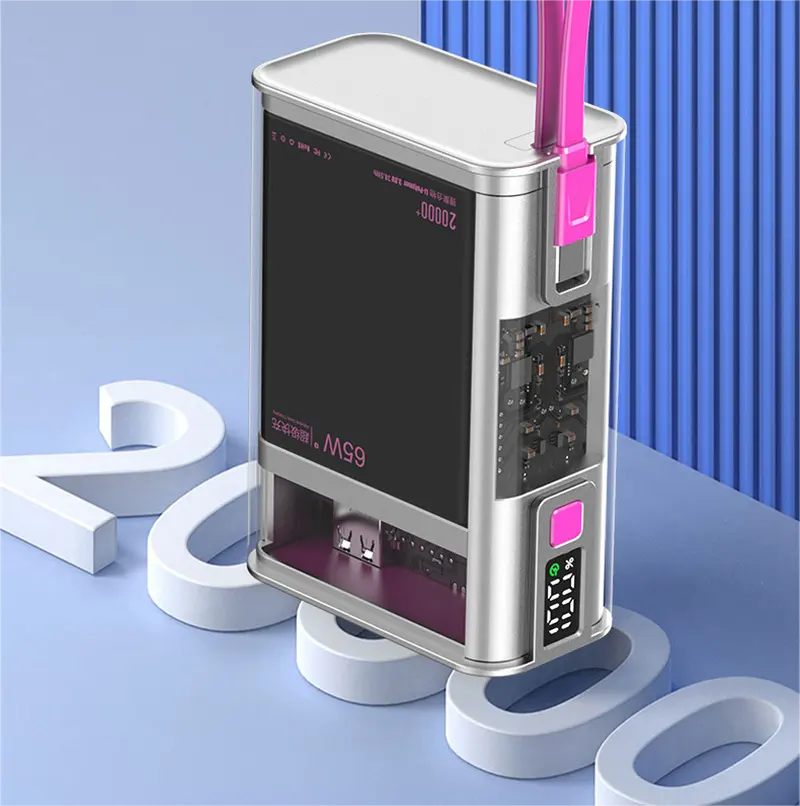Bank daya transparan baru kabel bawaan 65W PD pengisian cepat baterai Lithium casing ponsel portabel Power Bank 20000mAh