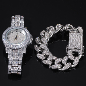 European Best Selling 3pcs/Set Rhinestone Cuban Chain Bracelet <strong>Watch</strong> Bling Crystal Cubic Zirconia CZ Bracelet <strong>Watch</strong> Set Jewelry