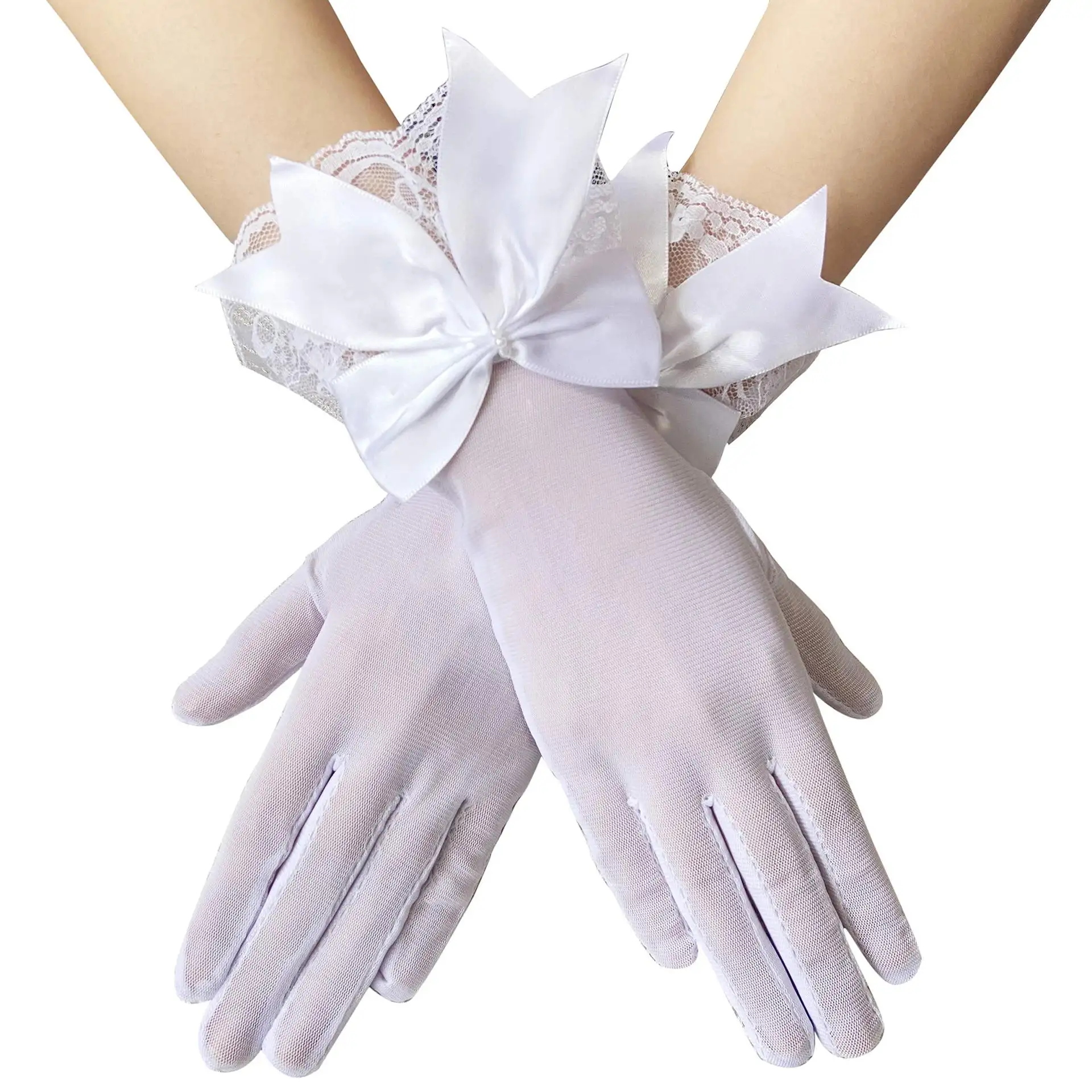Sarung tangan pernikahan, sarung tangan renda kasa dasi kupu-kupu hitam antik perlindungan UV pendek musim panas untuk wanita