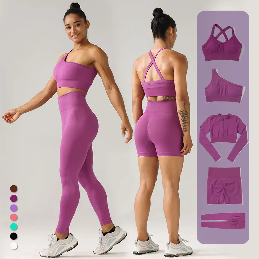 Grosir kustom 5 buah set olahraga kebugaran lari mulus pakaian Gym set olahraga Yoga wanita untuk wanita