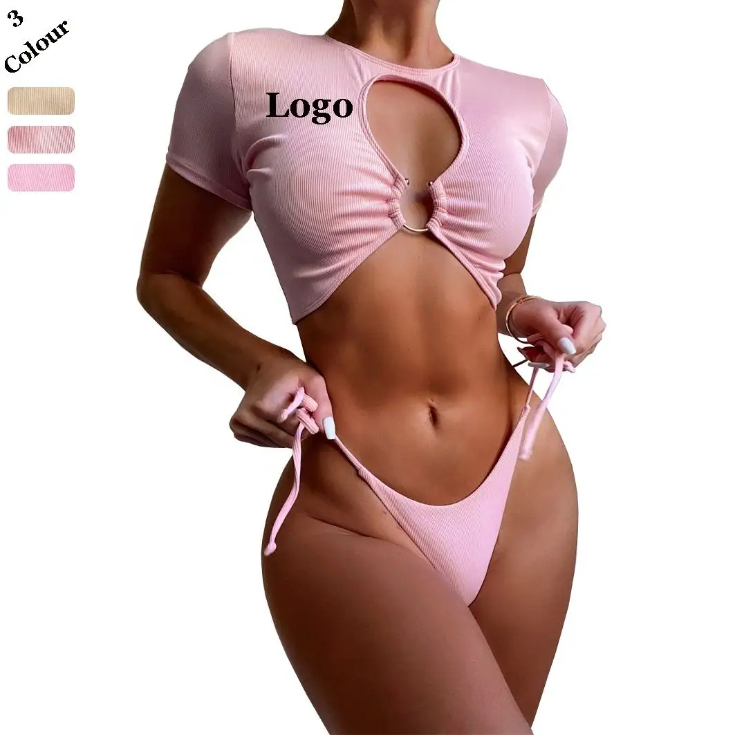 Novo conjunto de biquíni sensual feminino, roupa de banho de manga curta, biquini rosa, vazado, 2021