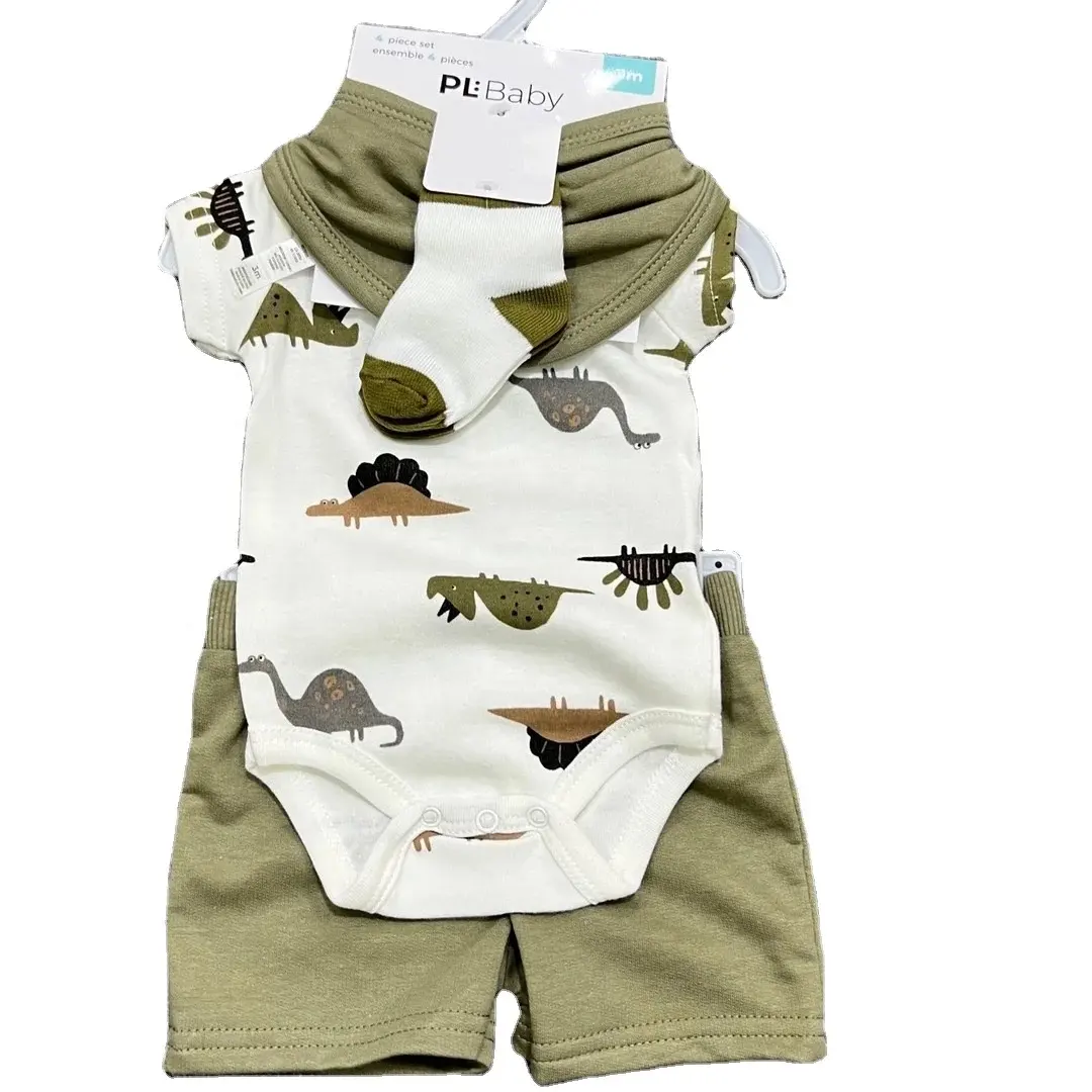 Nouveau-né bébé garçon vêtements ensemble 4 pièces dessin animé Animal dinosaure tigre bébé body + short + chaussettes + bavoir bébé vêtements été 12M