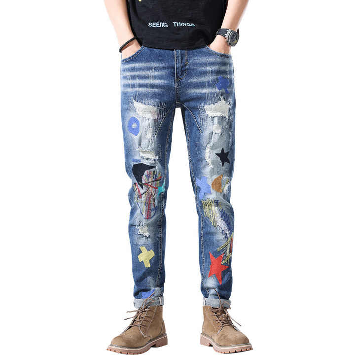 Grosir langsung dari pabrik Jeans longgar Hip Hop populer baru Jeans edisi bordir sobek populer baru