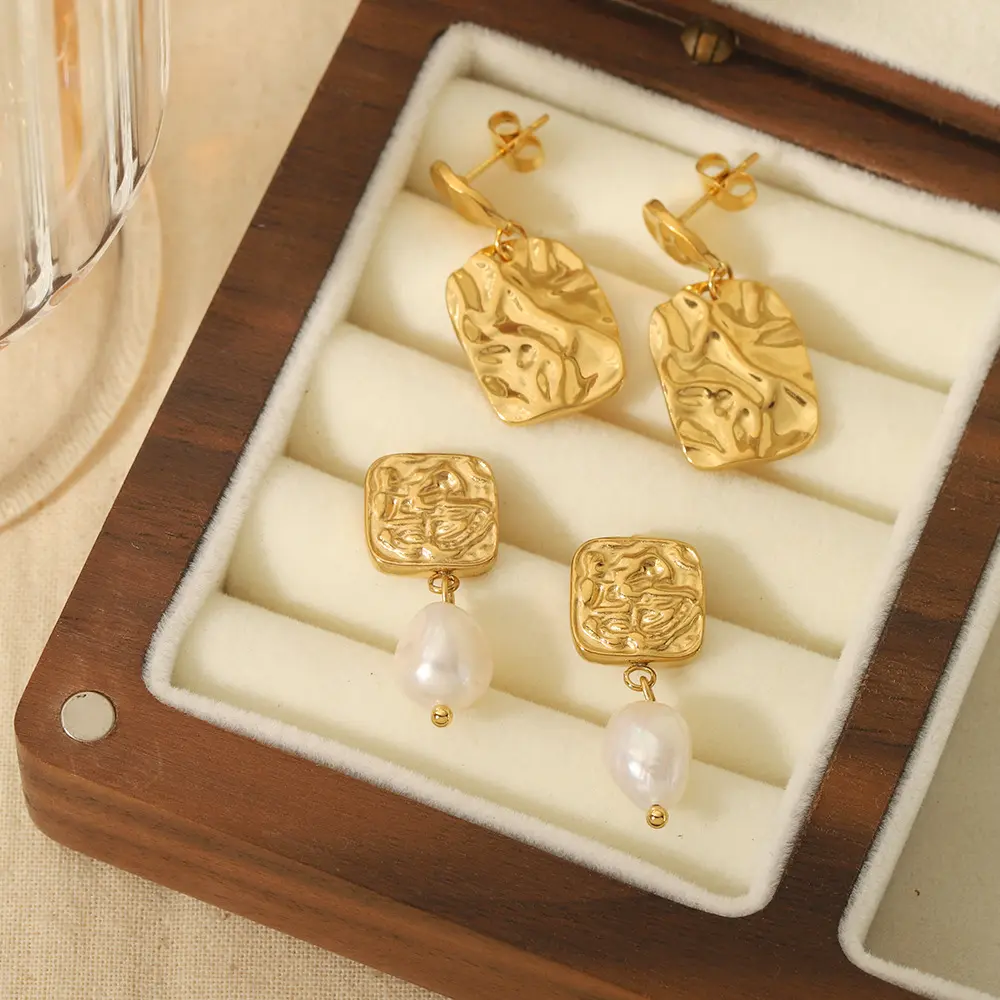 Brincos vintage quadrados barrocos de água doce pérola gota 18k banhado a ouro textura martelada brincos geométricos joias da moda