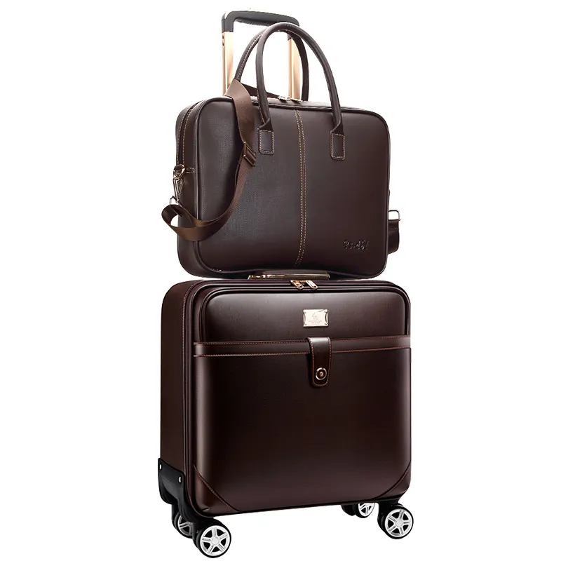 Business Vintage Leather Suitcase Travel Trolley Bag Luggage With Small Bag Leather Suitcases With TSA Lock