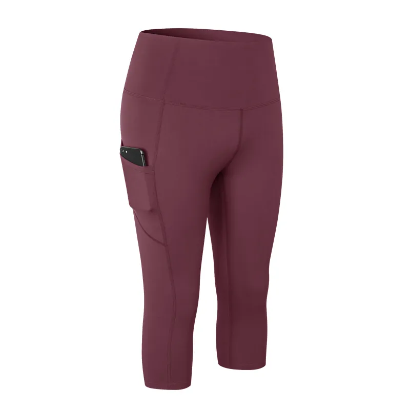 Mallas súper elásticas de alta calidad para mujer, pantalones de Yoga Capri de talla Europea 7/8 con bolsillos, mallas de gimnasio