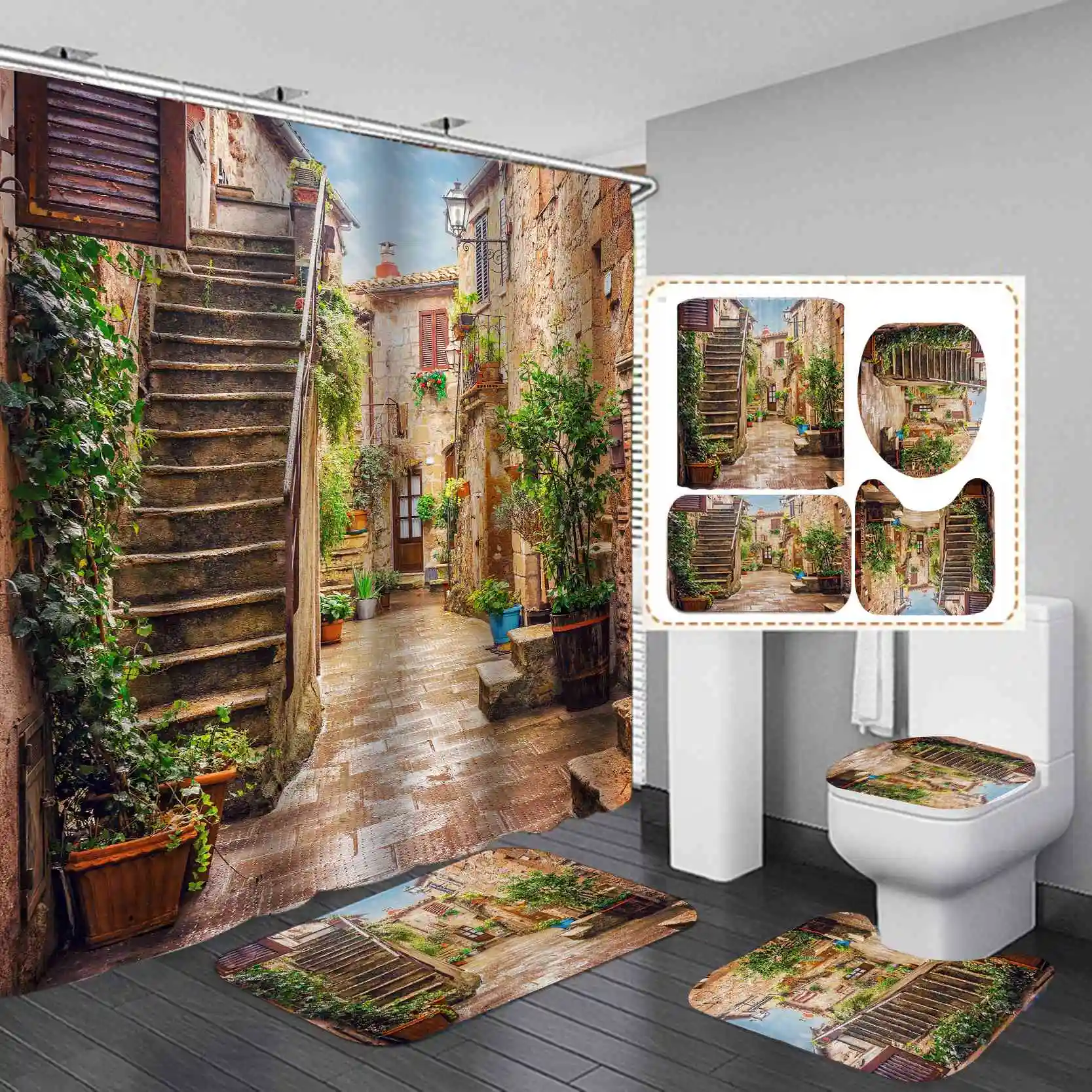 Cortina de ducha de poliéster con estampado 3D personalizado, visillo impermeable para decoración de jardín al aire libre, juego de cortinas de ducha