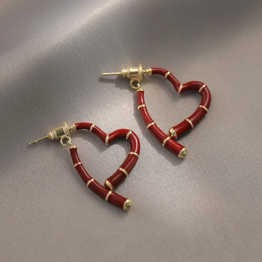 Ago 925 argento rosso glassa a goccia Design di bambù amore cuore orecchini per le donne elegante a forma di cuore grande cerchio in smalto di bambù orecchino