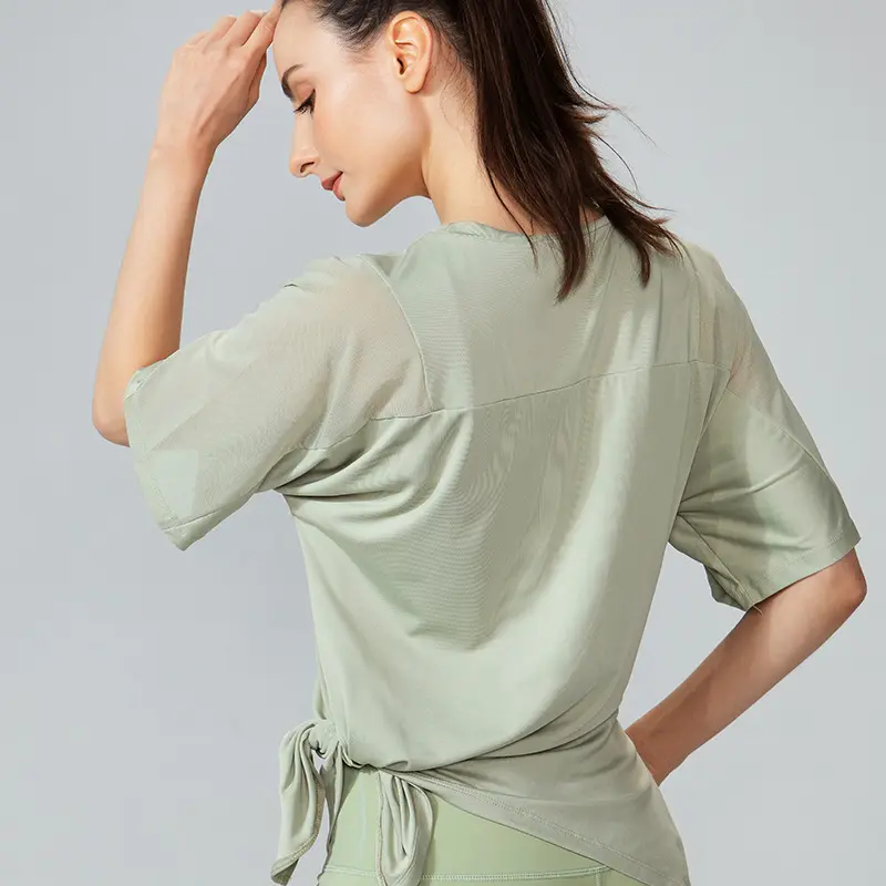 Kaus lengan pendek untuk wanita, kaos atasan Crop Yoga kebugaran ukuran Plus, t-shirt longgar olahraga lari luar ruangan cepat kering seksi jaring