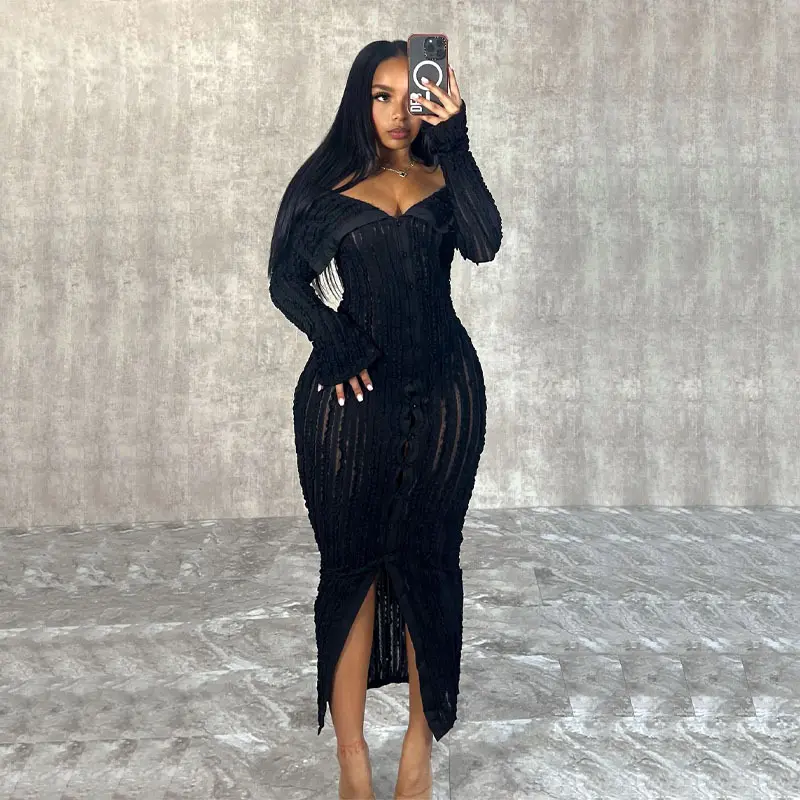 Hot Selling Solid Color Party Long Sleeve Body con Sexy Off Shoulder Long Dress For Women