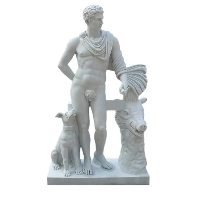 Greco scultura in pietra di Marmo uomo nudo statua di figura con il cane
