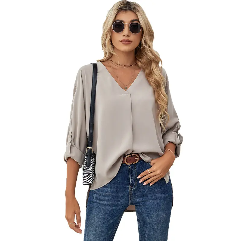 Camisa feminina chiffon manga curta, top casual liso manga curta gola v verão 3 4 camisa solta 2023