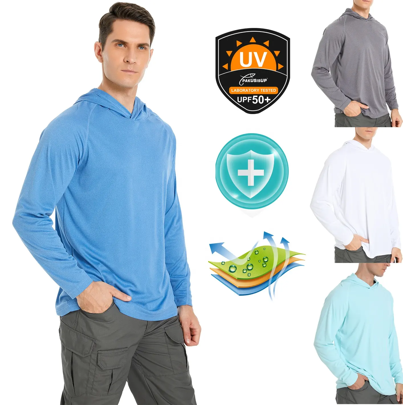 Stock blank Heat Press serigrafia stampe Logo personalizzato Mens UPF 50 camicie da pesca a maniche lunghe con cappuccio